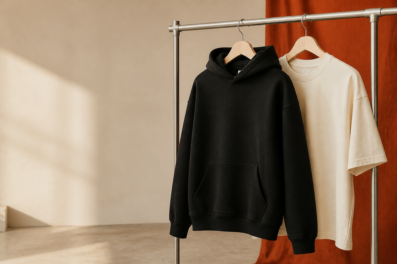 Zwarte hoodie en creme T-shirt aan een kledingrek